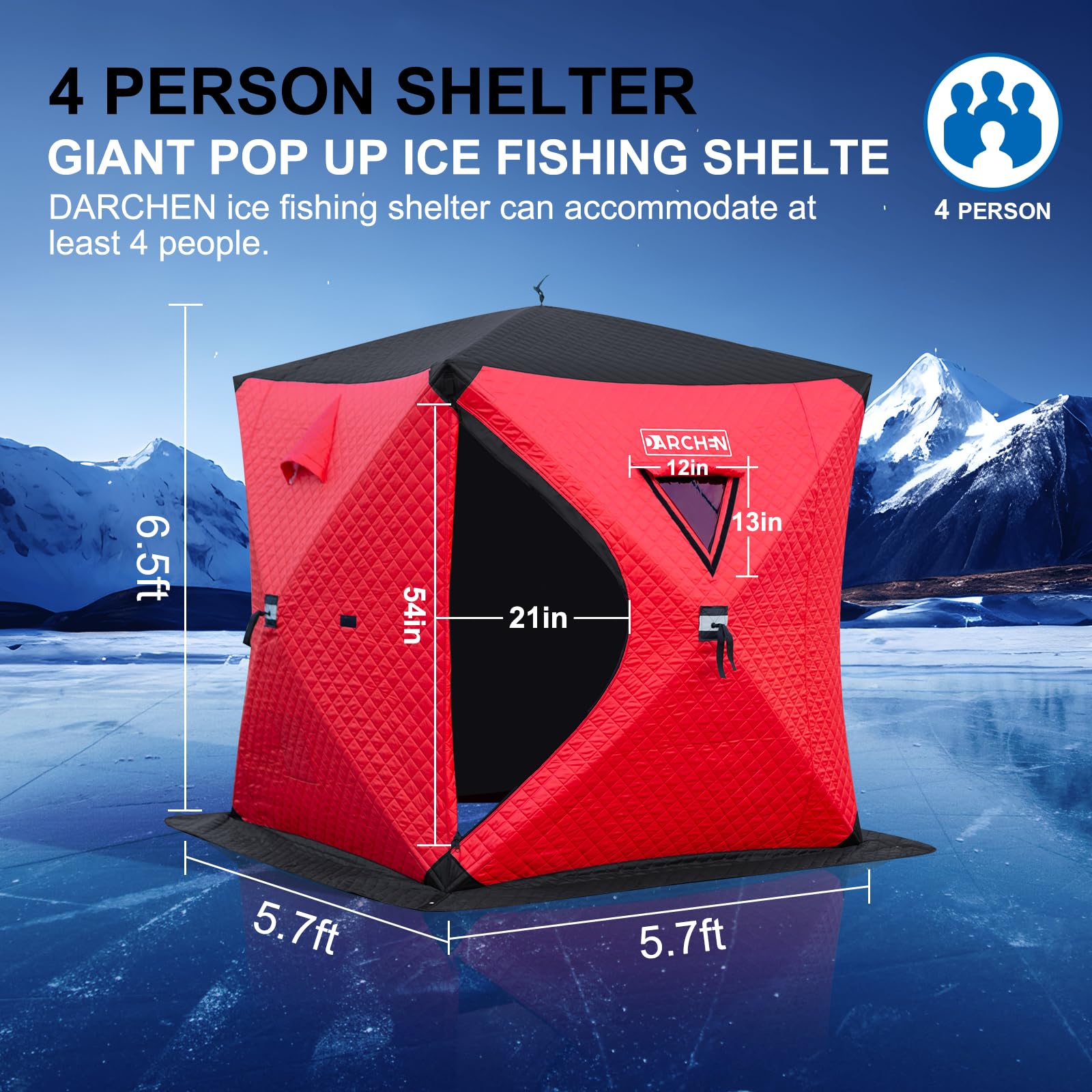 DARCHEN insulated ice tent 11mm fiberglass frame provides stable support.