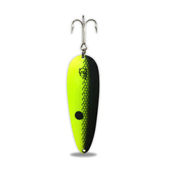 Dardevle Brass Back 1 oz spoon in chartreuse black finish ready for casting and visibility.