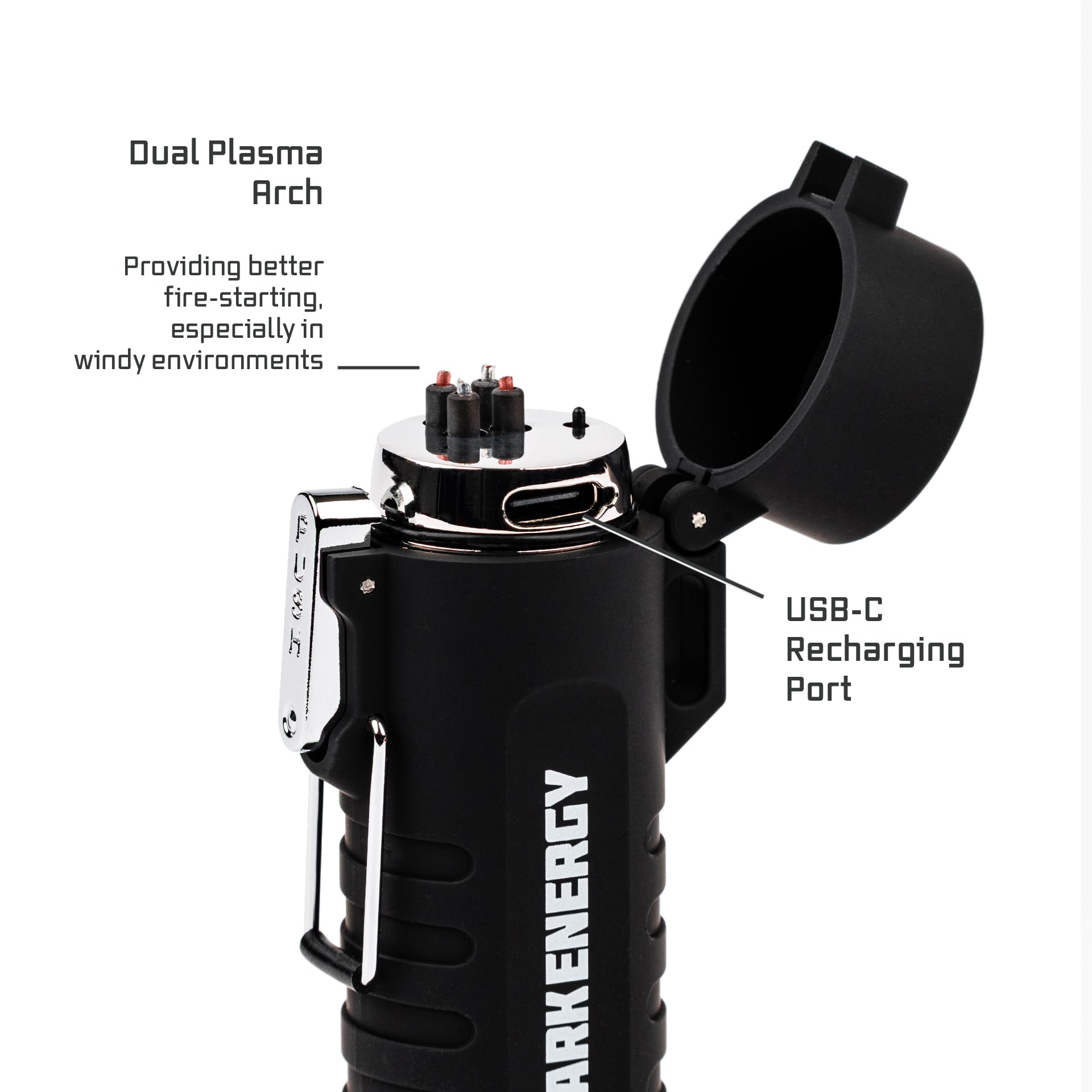 Dark Energy Plasma Lighter with 120 lumen mini flashlight for outdoor tasks.
