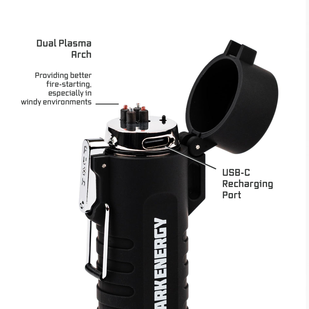 Dark Energy Plasma Lighter with 120 lumen mini flashlight for outdoor tasks.