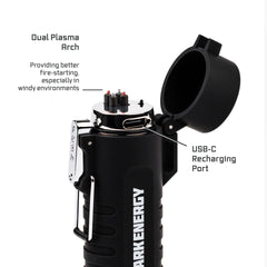 Dark Energy Plasma Lighter with 120 lumen mini flashlight for outdoor tasks.
