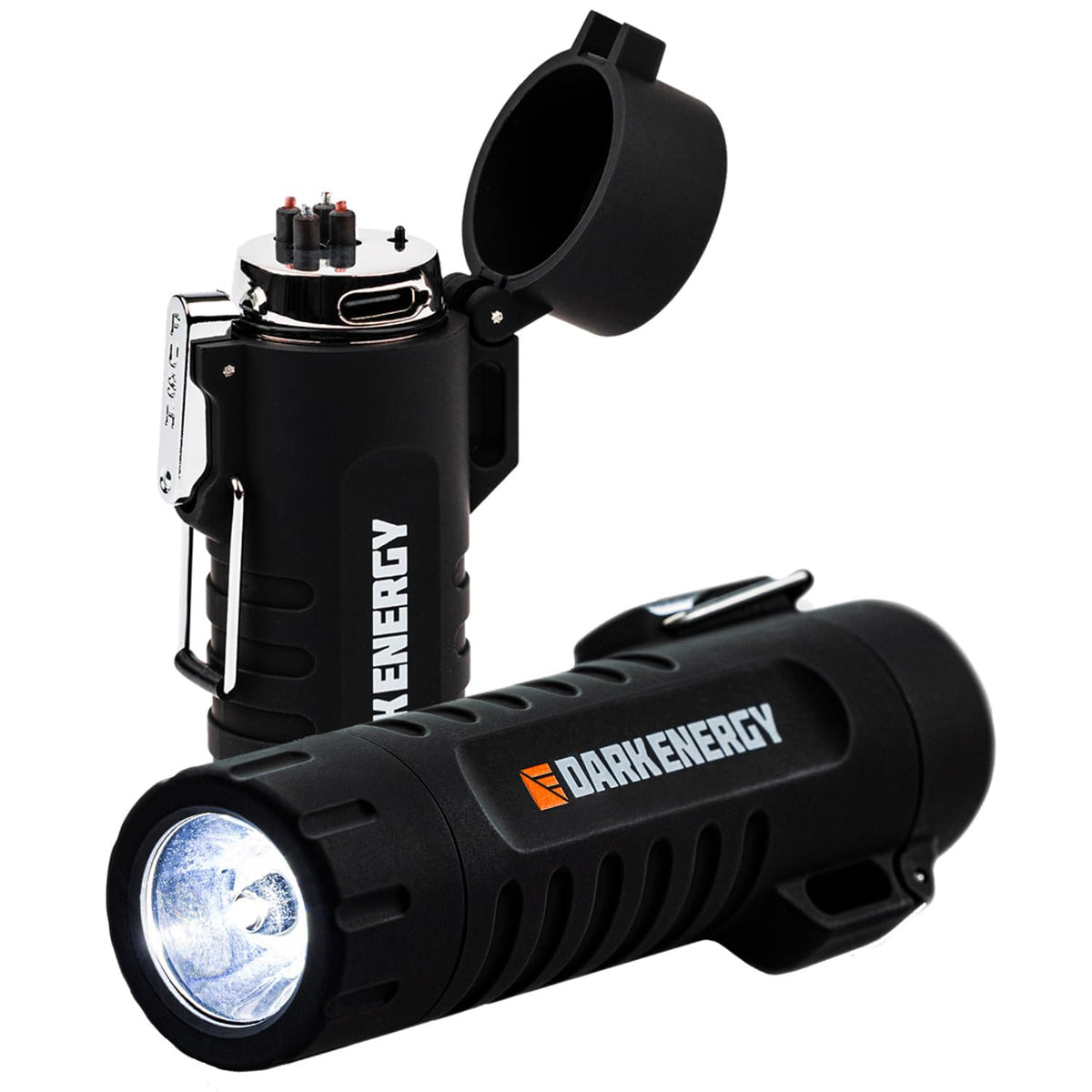 Dark Energy Plasma Lighter with dual-arc emitter ready for wind and rain.