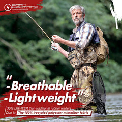 Dark Lightning camo design waders showcase rugged four-season use for anglers.