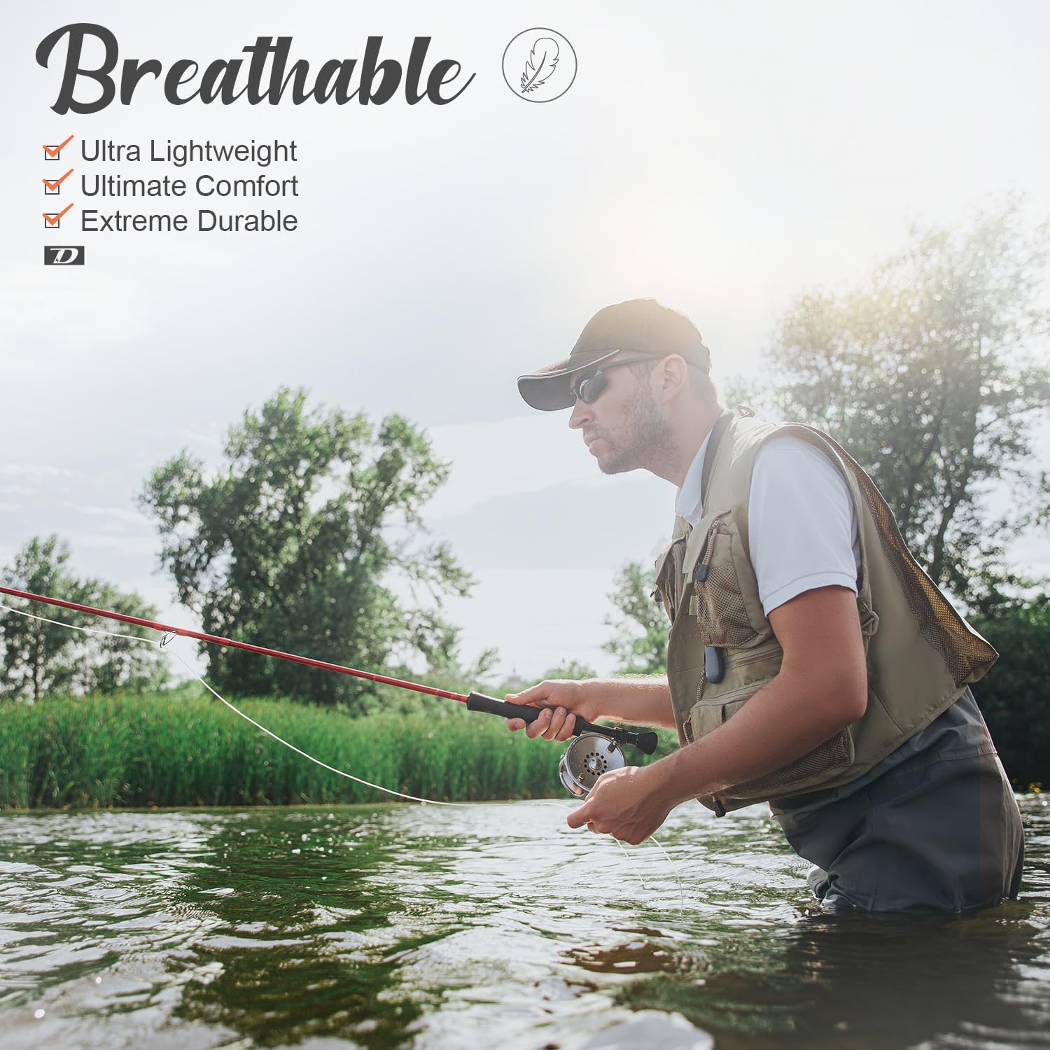 Dark Lightning chest waders side view with knee reinforcement for tough river terrain