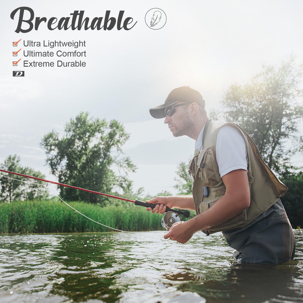 Dark Lightning chest waders side view with knee reinforcement for tough river terrain