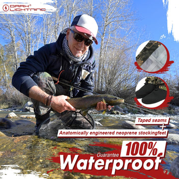 Dark Lightning chest waders with knee reinforcement in camo for durability.