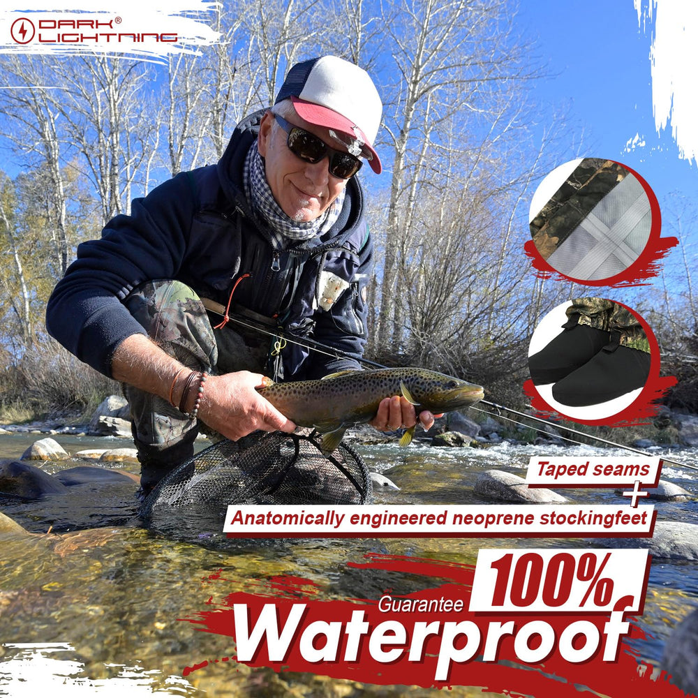 Dark Lightning stocking-foot waders offer lightweight, flexible feel for long river days.