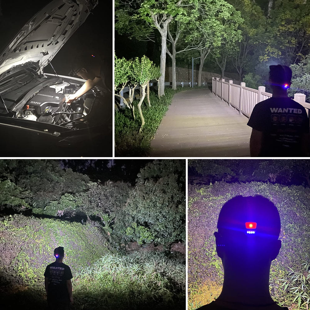 DARKBEAM COB Floodlight Headlamp battery-compartment view highlights USB rechargeability and long runtime