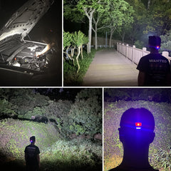 DARKBEAM COB Floodlight Headlamp battery-compartment view highlights USB rechargeability and long runtime
