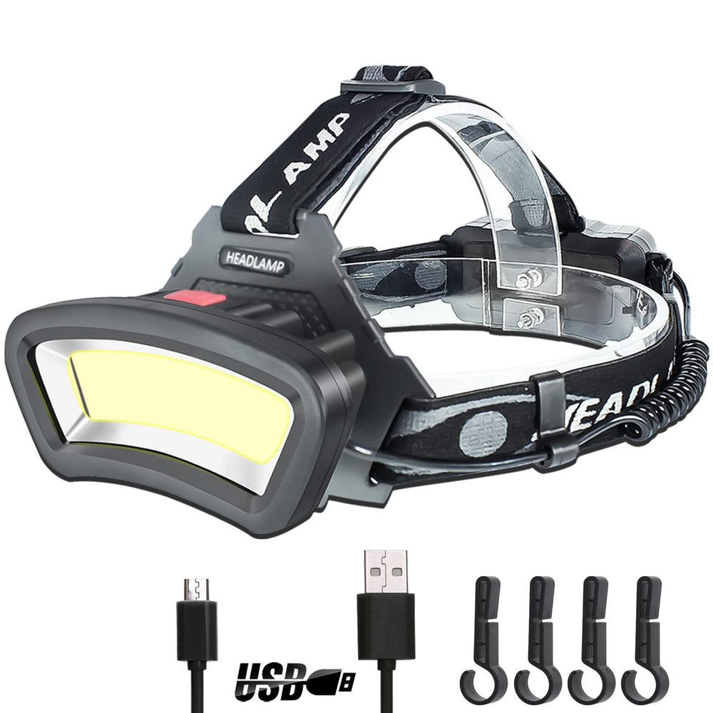 DARKBEAM COB Floodlight Headlamp front view showing bright 2000-lumen output for hands-free lighting