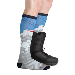Darn Tough Heady Yeti OTC Midweight gray in-boot demonstrating secure athletic fit for skiing