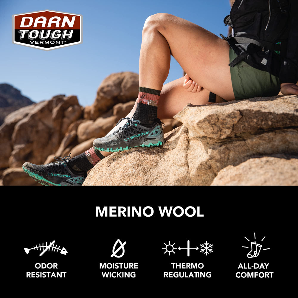 Darn Tough Sunset Ledge micro crew sock in boot demonstrates seamless comfort under pressure.