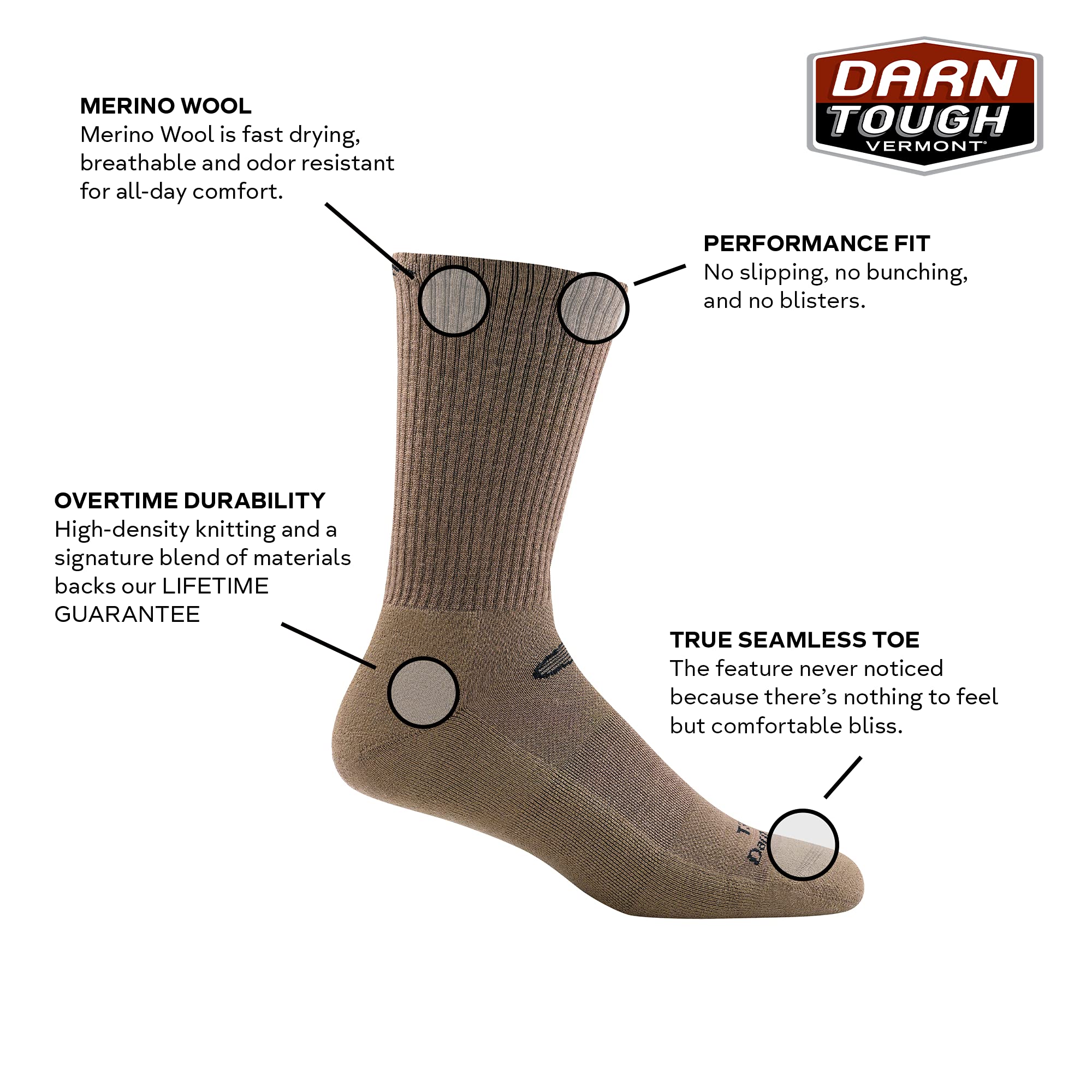 Darn Tough Tactical Micro Crew Light Cushion Socks in Coyote Brown top view highlighting breathable merino wool.