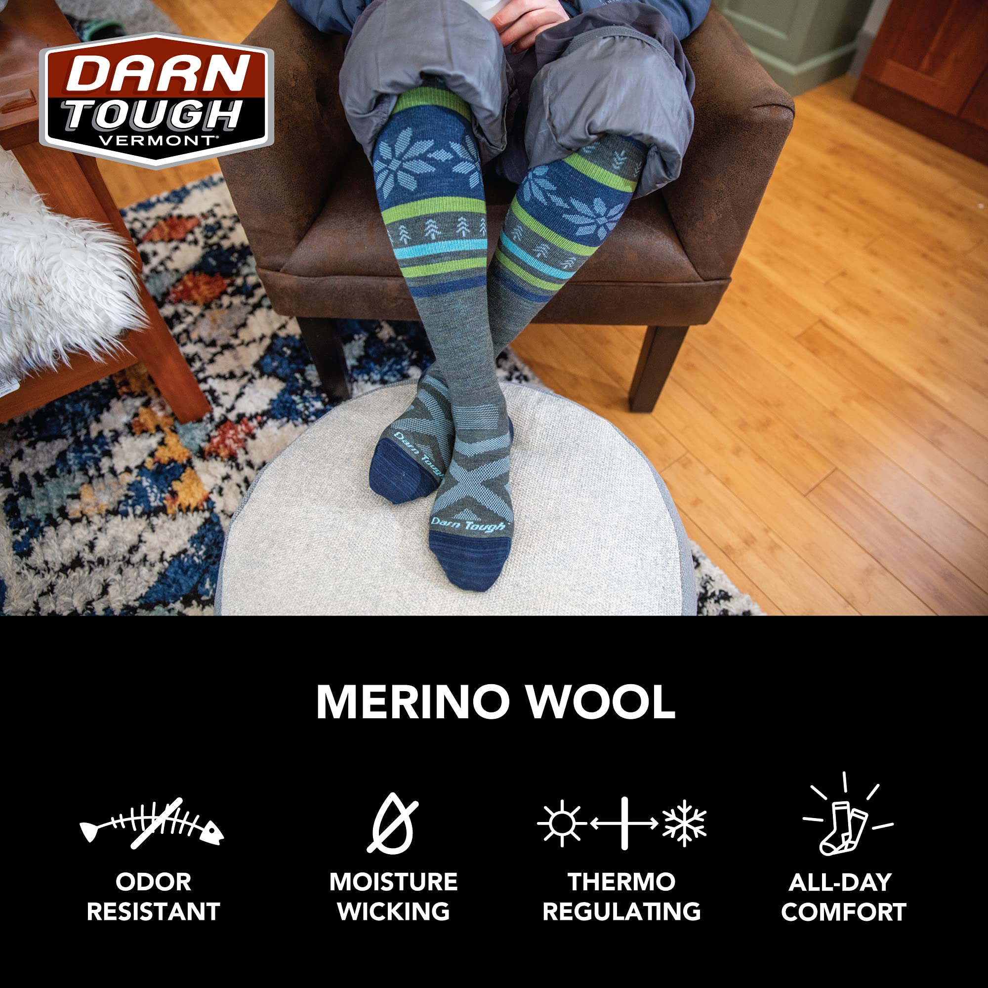 Darn Tough Vermont Aurora OTC socks pack shot conveying durable design built to last Vermont testing