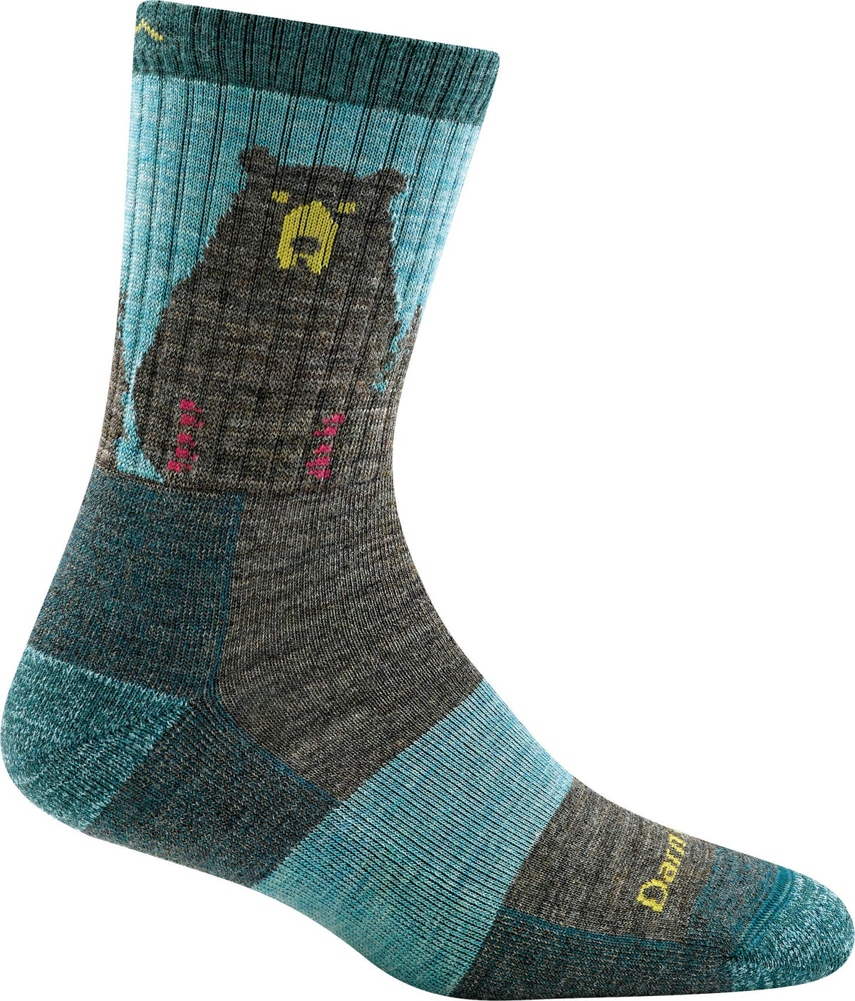 Darn Tough Vermont Bear Town Micro Crew sock front view with all-day cushioning in blue-aqua