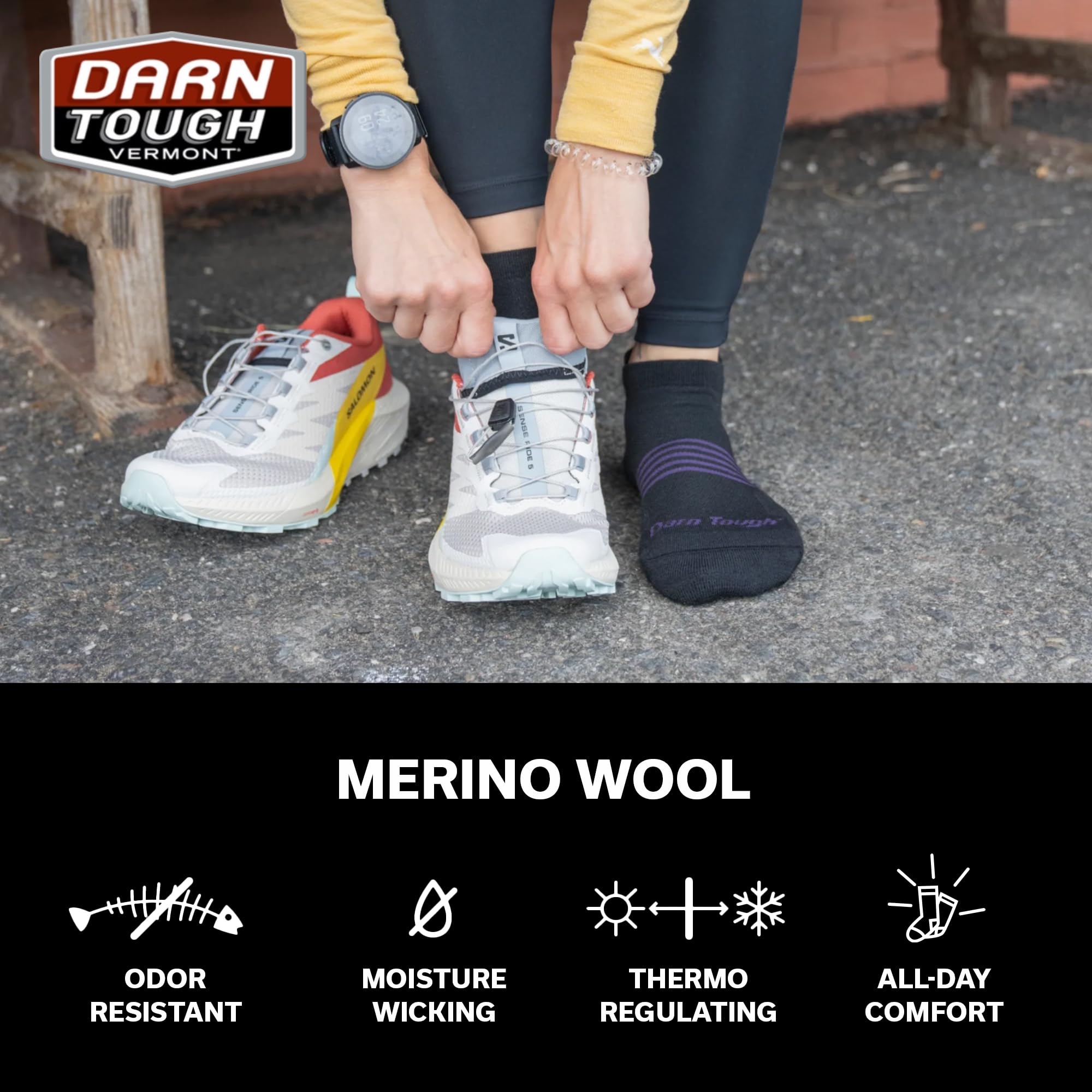 Darn Tough Vermont Element No Show Tab sock, blackberry knit detail, all-weather breathable Merino
