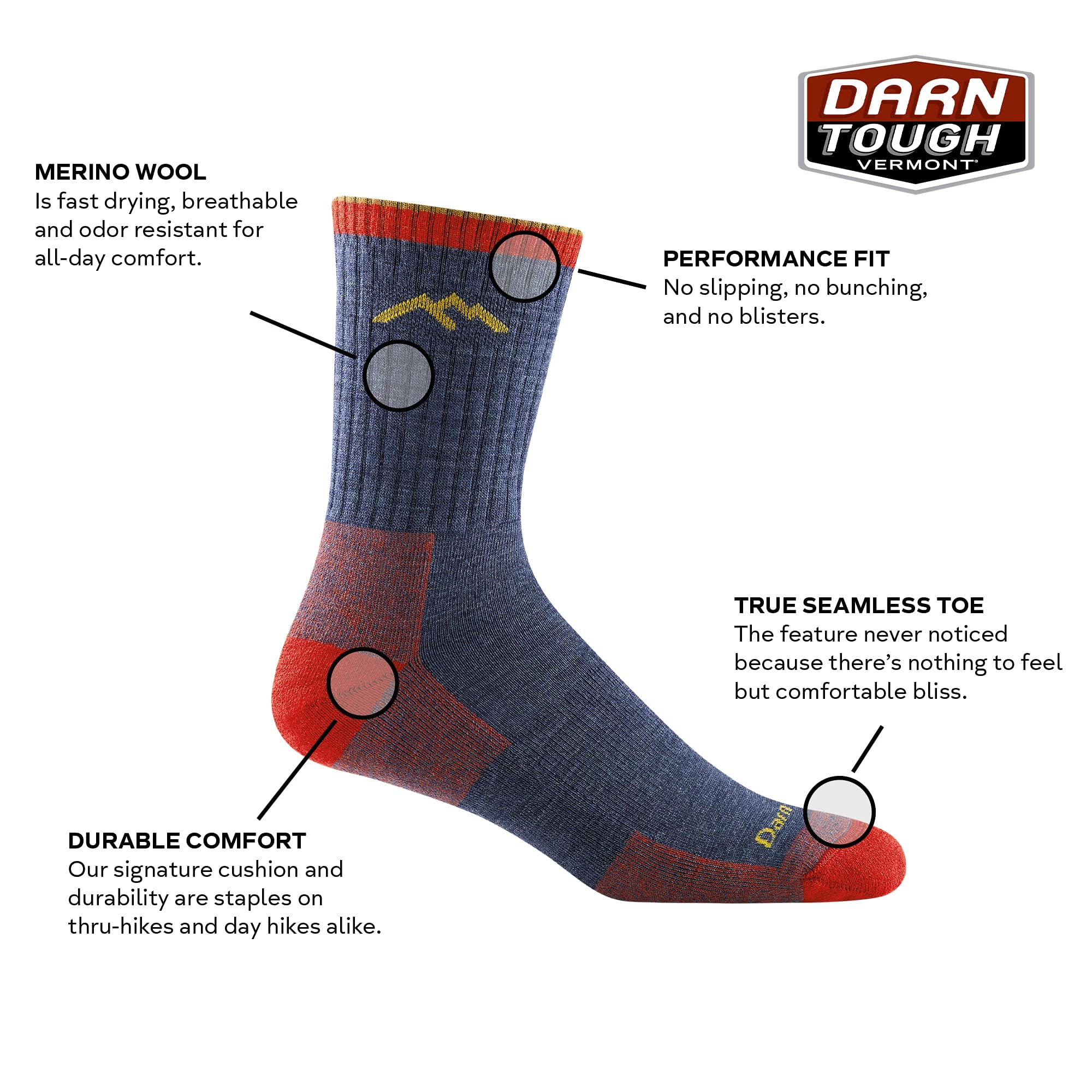 Darn Tough Vermont hiker micro crew sock cushion texture demonstrates all-day comfort and padding.