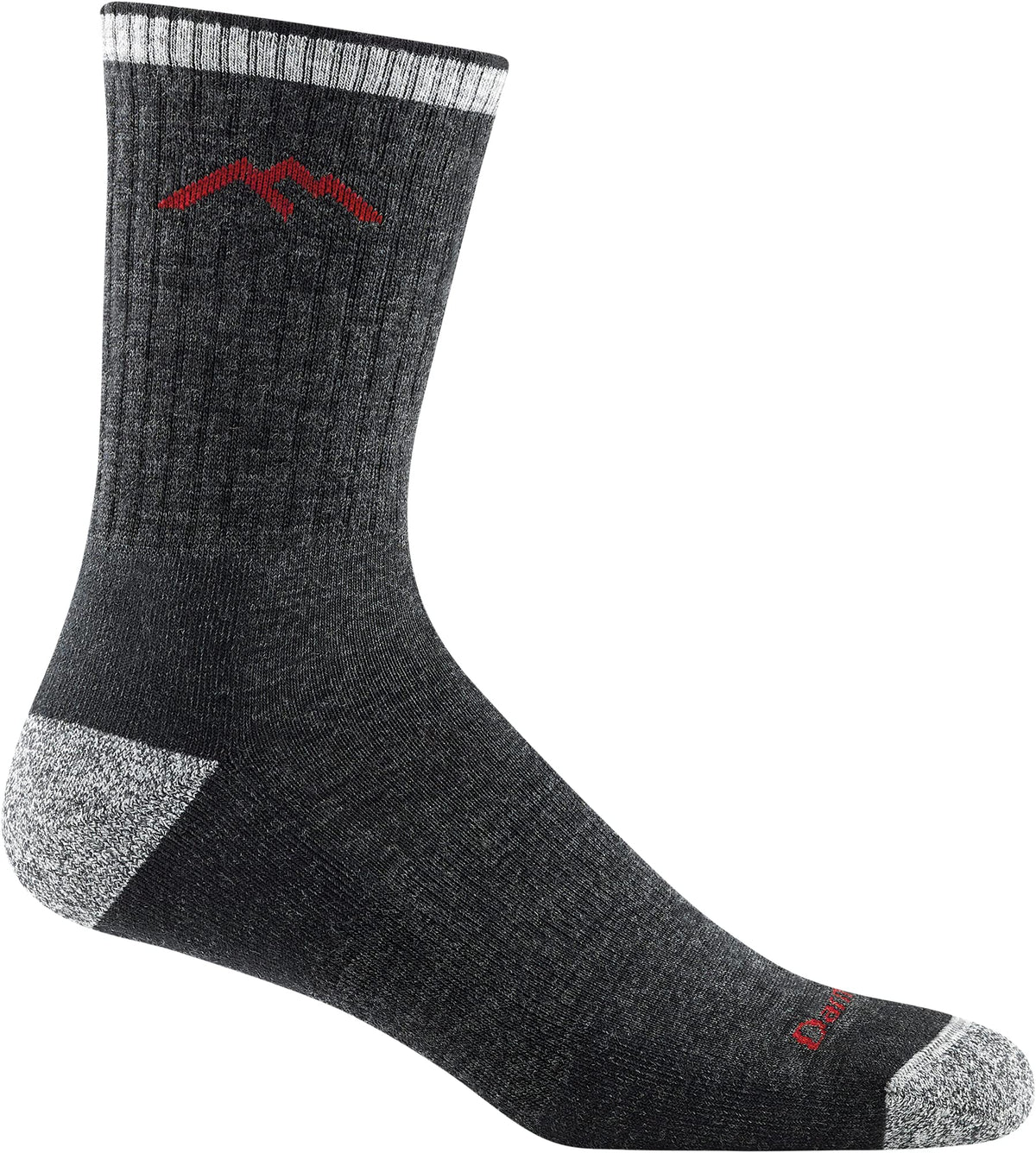 Darn Tough Vermont hiker midweight cushion micro crew sock on boot for all-day comfort.