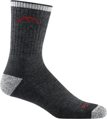 Darn Tough Vermont hiker midweight cushion micro crew sock on boot for all-day comfort.