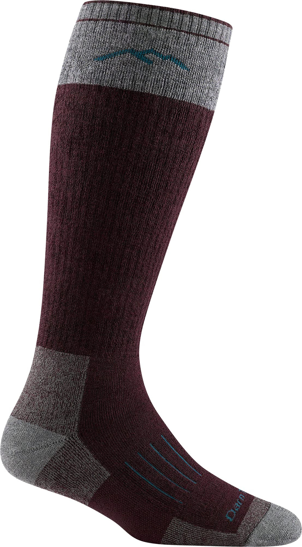 Darn Tough Vermont hunting OTC heavyweight full-cushion burgundy close-up shows premium cushioning for comfort