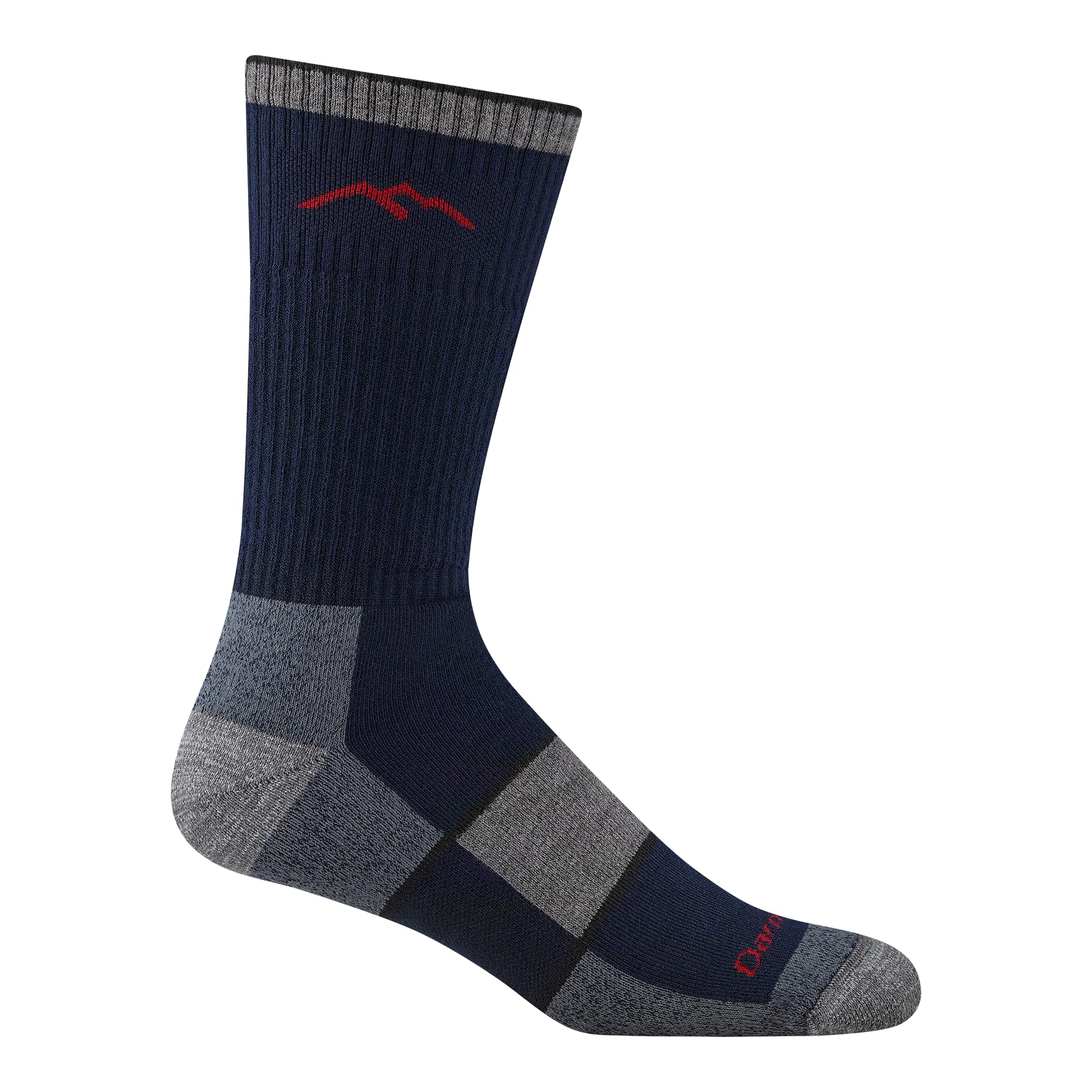 Darn Tough Vermont men's Coolmax boot socks full cushion navy midcal in-use warmth and cushioned support.