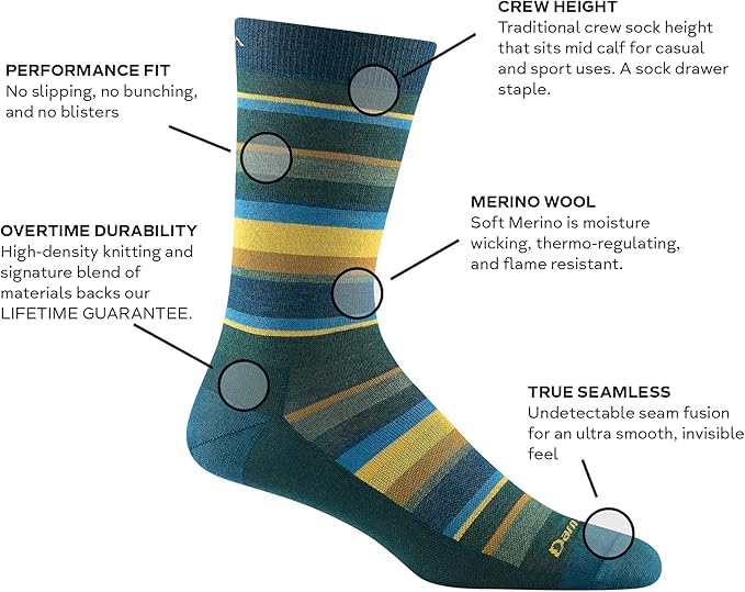 Darn Tough Vermont men's Druid Crew Lightweight pine sock seamless toe reducing irritation.