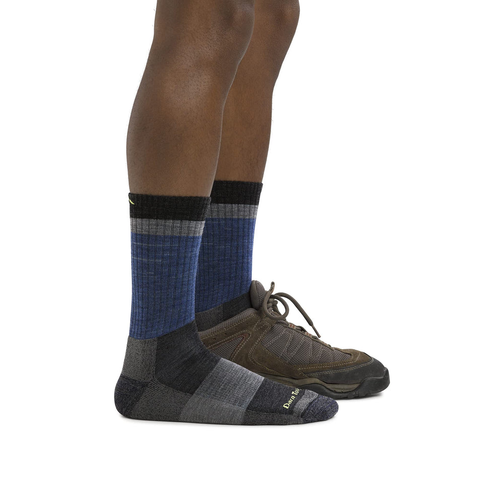 Darn Tough Vermont Heady Stripe Micro Crew sock on foot during activity for all-weather use