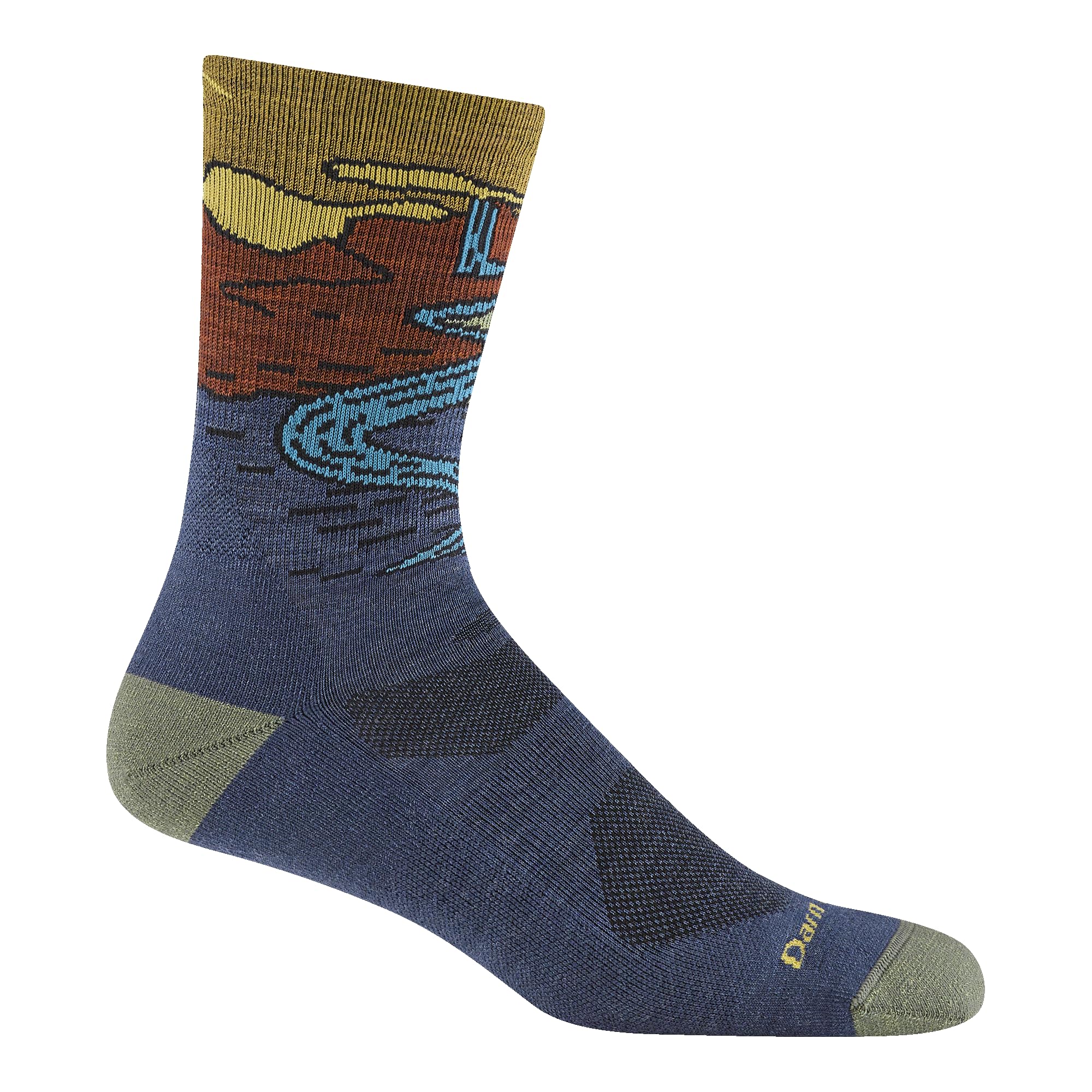 Darn Tough Vermont men's micro crew socks with chasing-waterfalls pattern offering durable comfort on hikes.