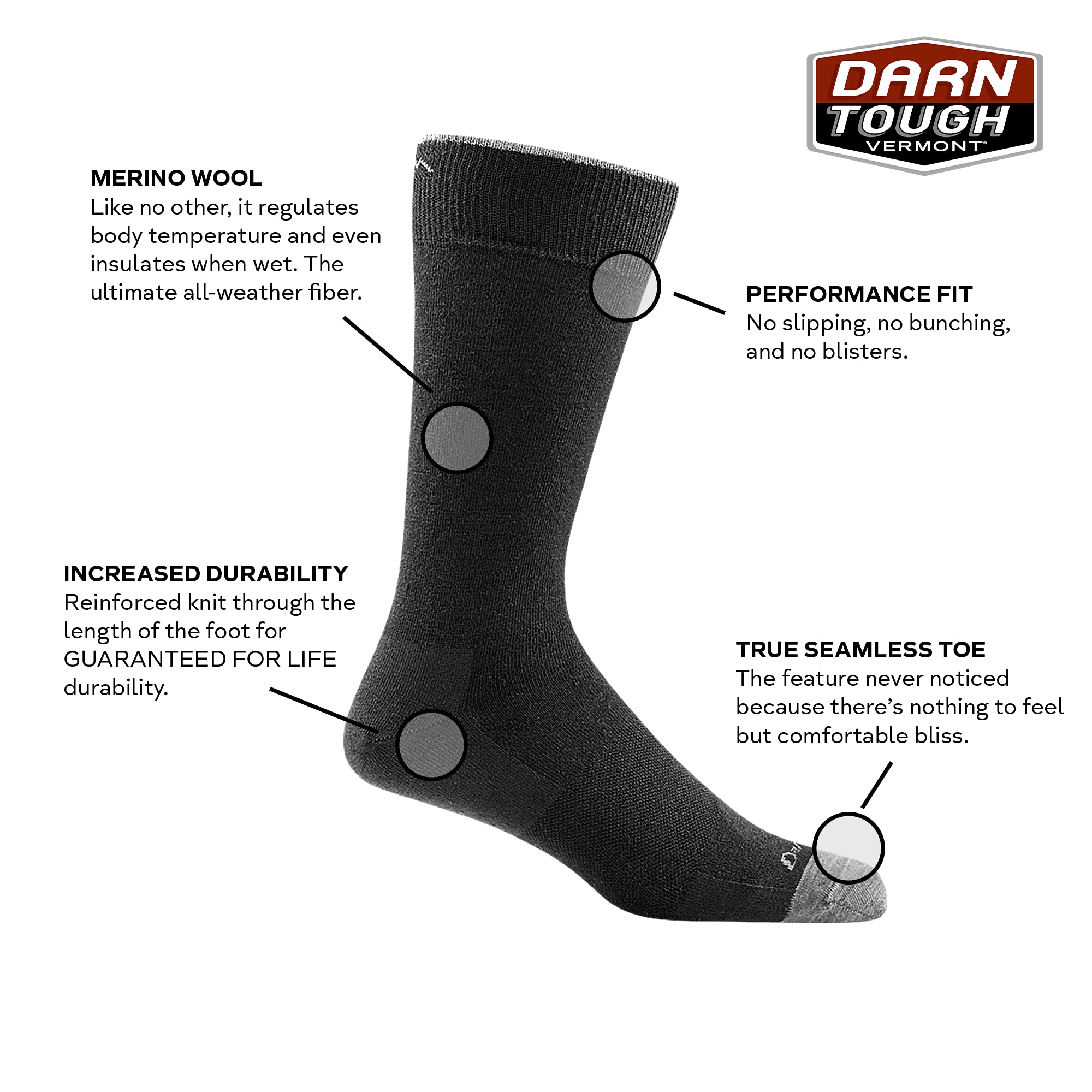 Darn Tough Vermont Solid Crew seamless knit closeup showing smooth toe seam.