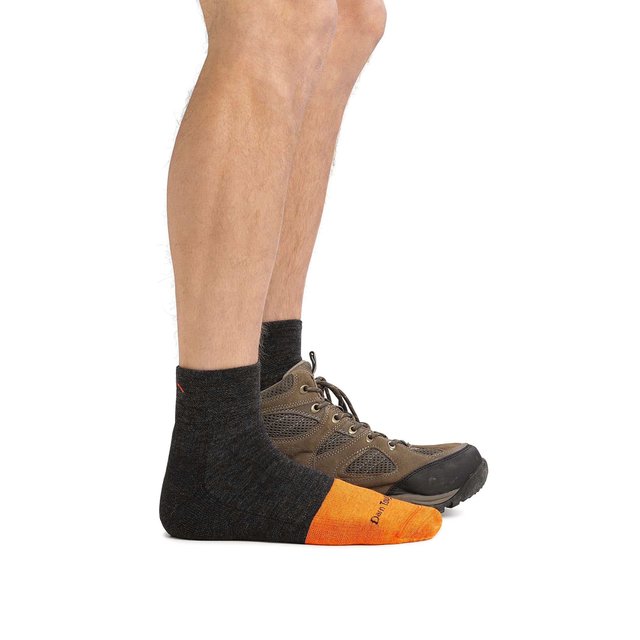 Darn Tough Steely Work Sock ankle view highlights the 1/4 height ideal for low-cut footwear