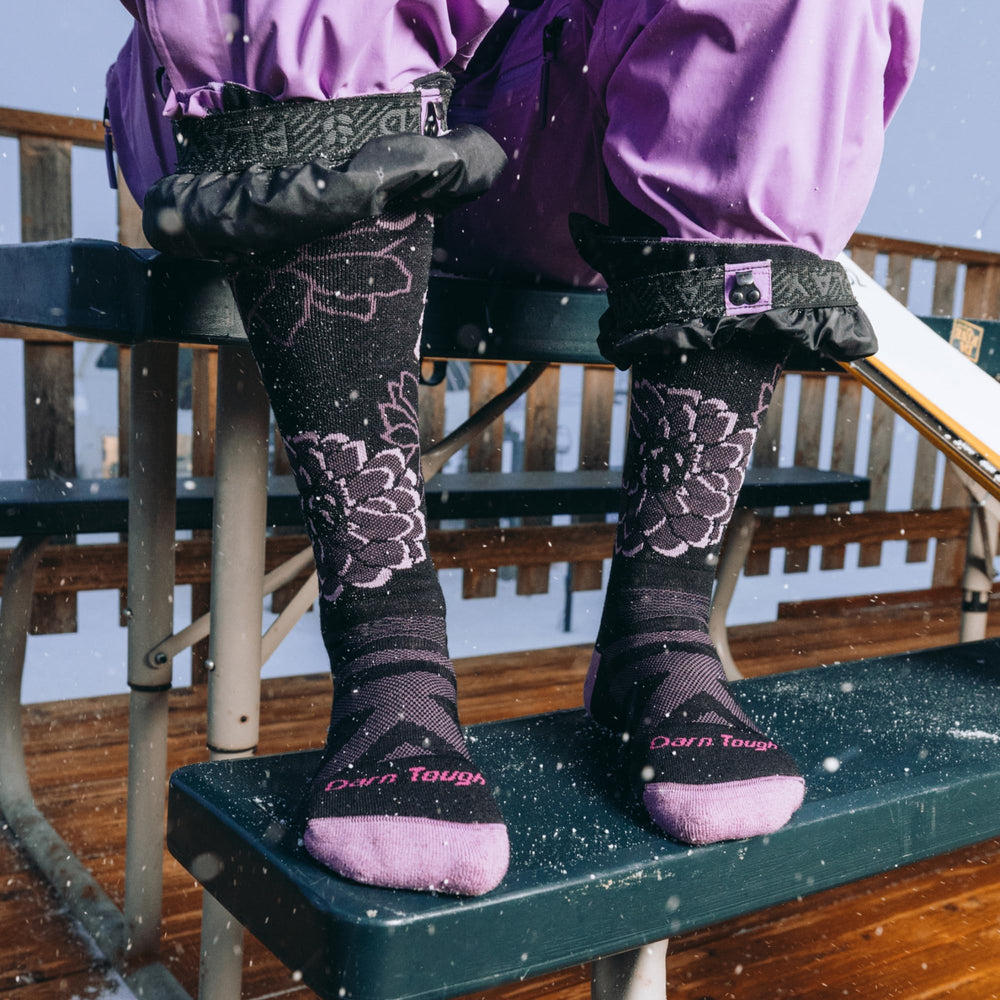 Swirlwind pattern on Darn Tough Vermont snow sock adds mountain-inspired style and comfort.