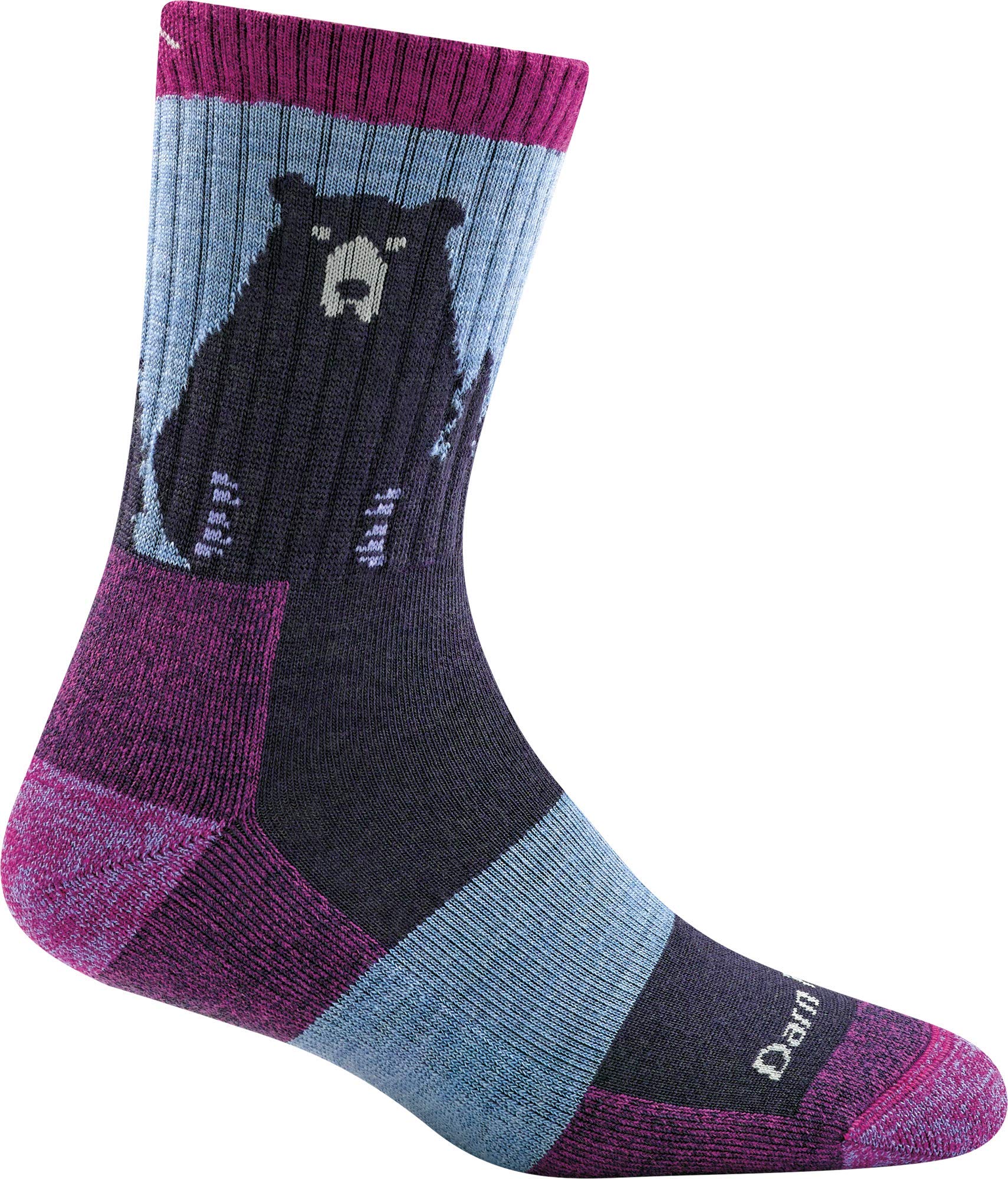 Darn Tough Vermont Bear Town micro crew sock with cushion, purple, all-day comfort.