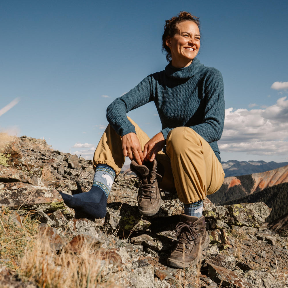 Darn Tough Vermont women's hiking socks blue texture-closeup emphasizes durability and a lifetime guarantee