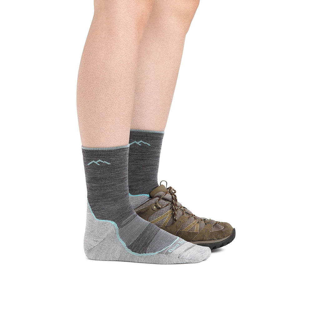 Darn Tough Vermont women's light hiker micro crew side view emphasizes breathable Merino blend.