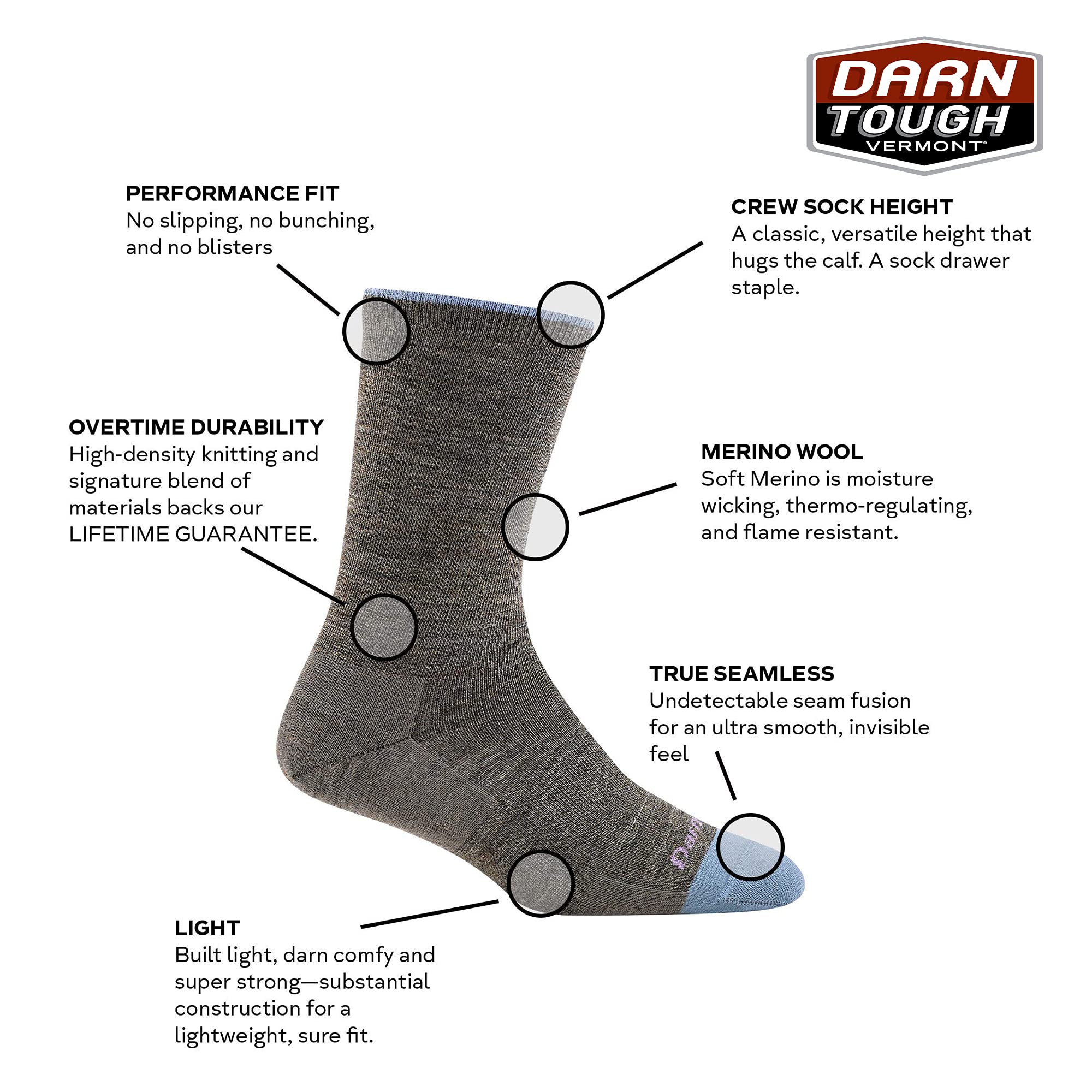 Darn Tough Vermont Women's Solid Basic Crew Lightweight Sock with seamless construction for smooth comfort.