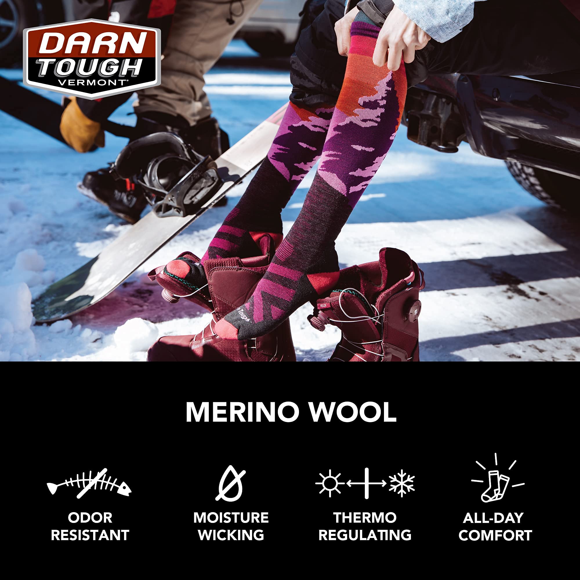 Darn Tough Vermont Yeti OTC Midnight USA-made yarns and durable knit for long-lasting wear.