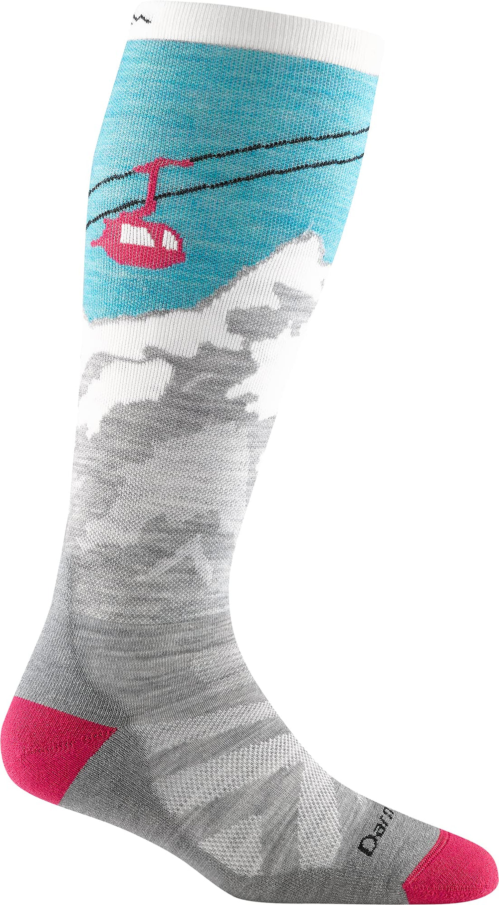 Darn Tough Vermont Yeti over-the-calf aqua sock shows full leg coverage and cushion