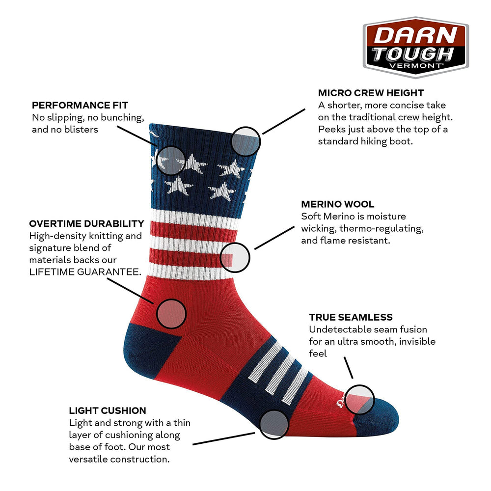 Darn Tough Vermont 1976 Captain Stripe Micro Crew sock seamless construction for smooth feel.