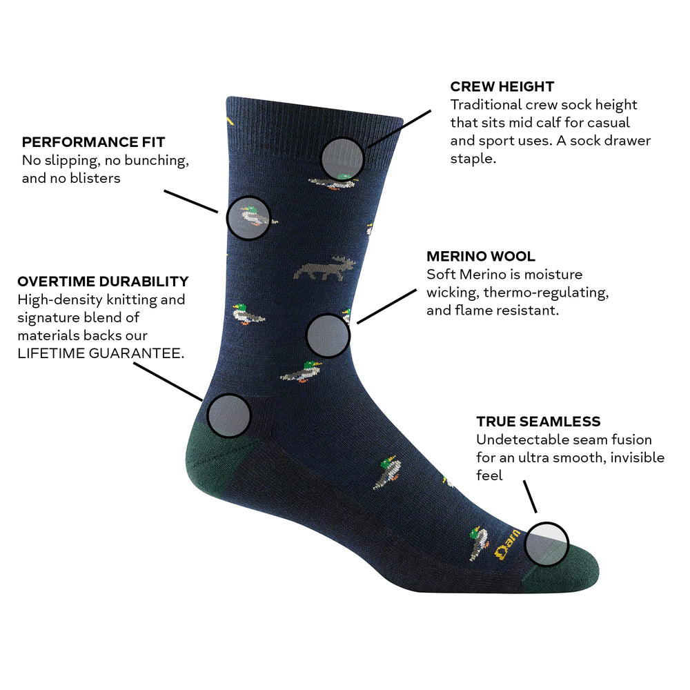 Darn Tough Vermont Duck Duck Moose Crew Eclipse LG side view highlights performance fit to prevent slipping.