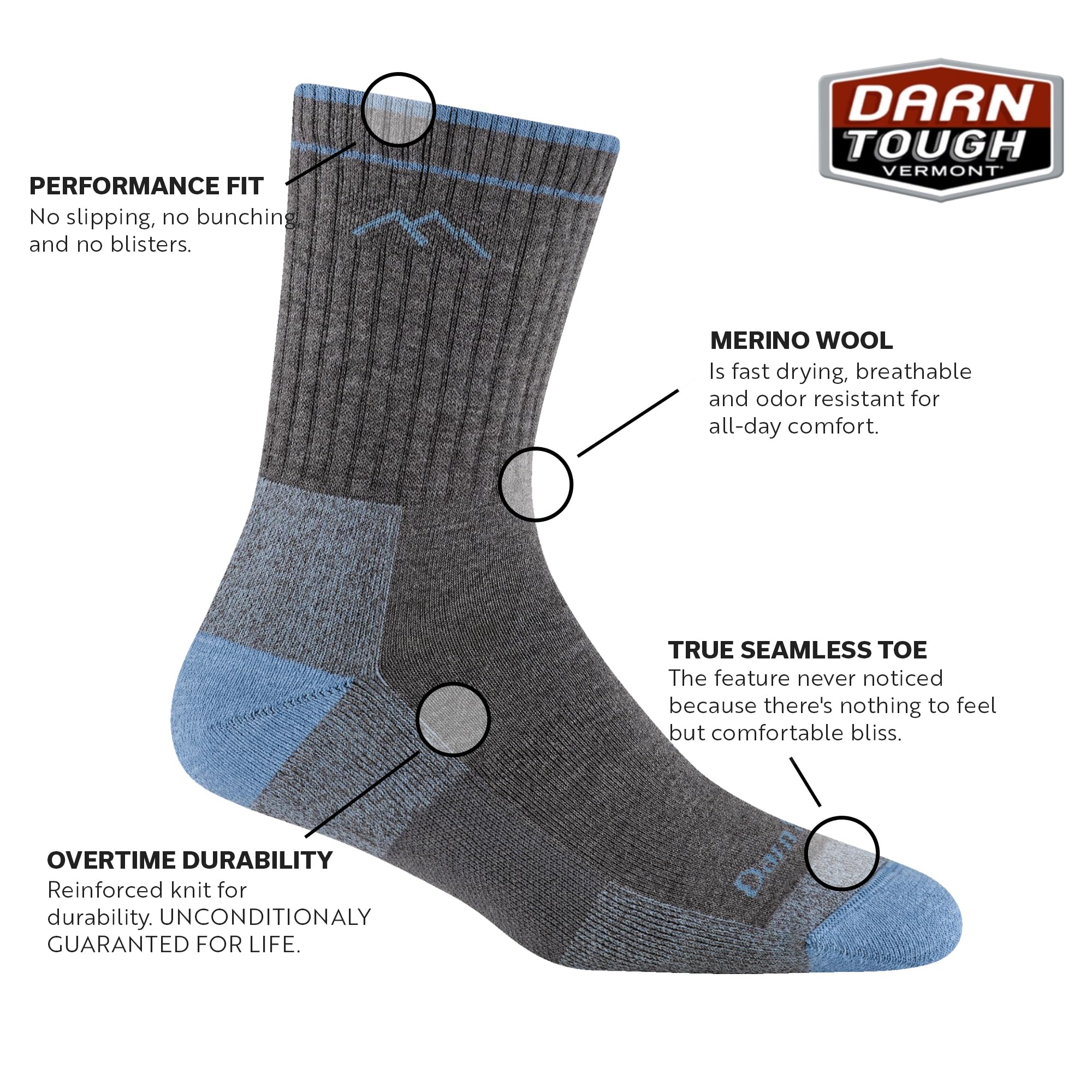 Darn Tough Women's Hiker Coolmax Micro Crew gray small sole view shows durability on rocky terrain.