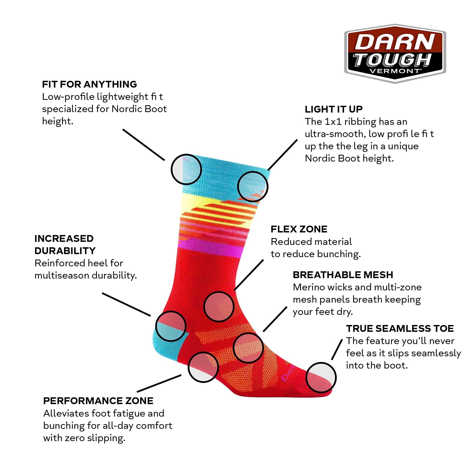 Darn Tough Lillehammer Nordic Sock red cuff top view showing secure fit