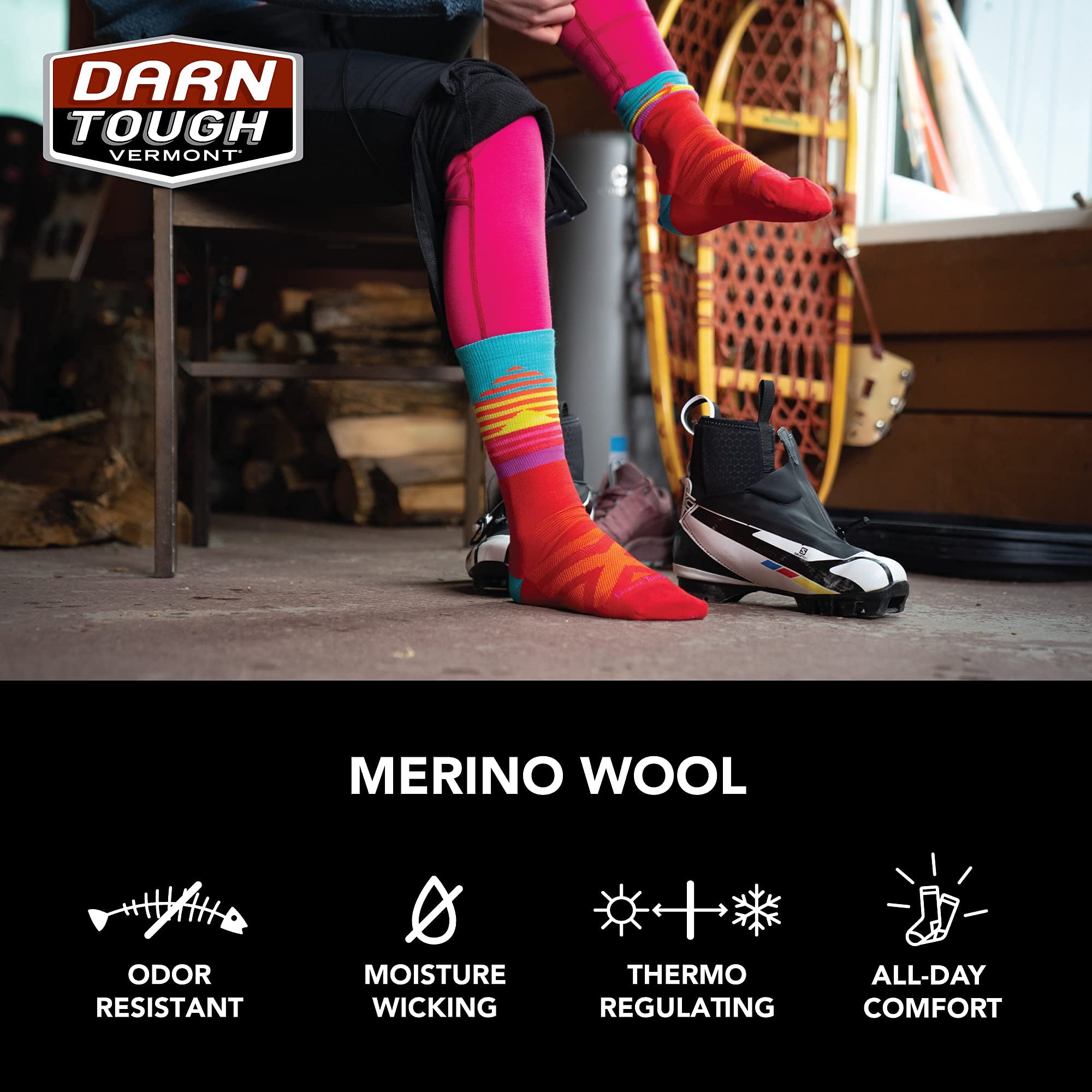 Darn Tough Lillehammer Nordic Sock red model wearing to show fit and height