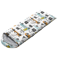Datura Home kids sleeping bag back view showing warm hood and compact shape.