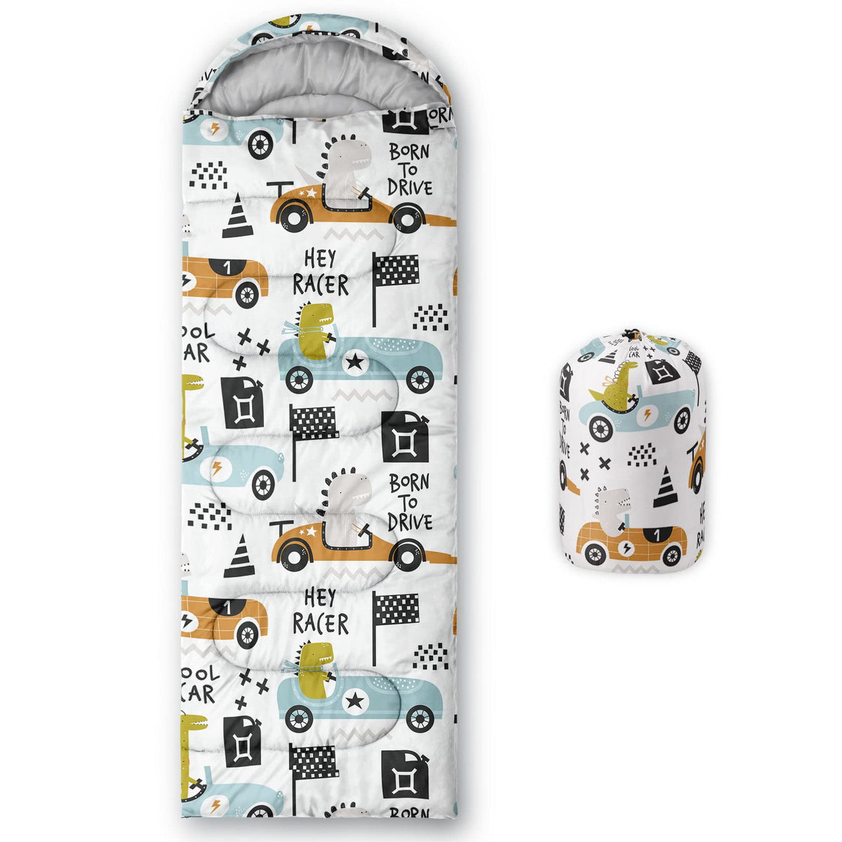 Datura Home kids sleeping bag with dinosaur race print, front view for vibrant camping design.