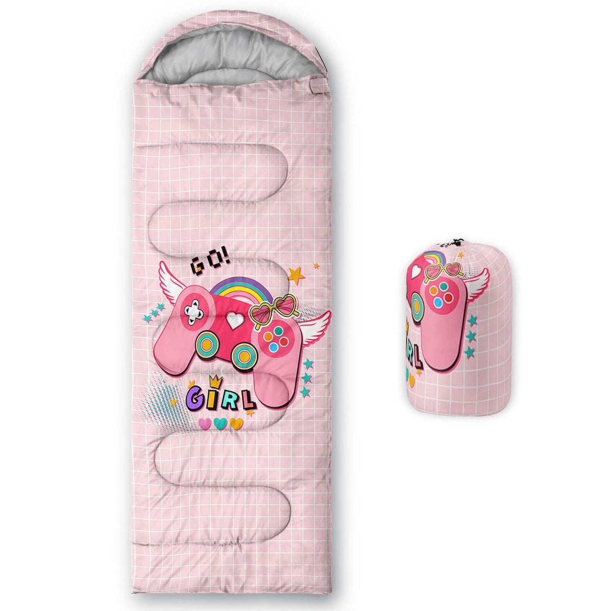 Datura Home kids sleeping bag pink gamepad print front view for outdoor trips