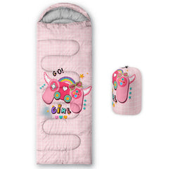 Datura Home kids sleeping bag pink gamepad print front view for outdoor trips