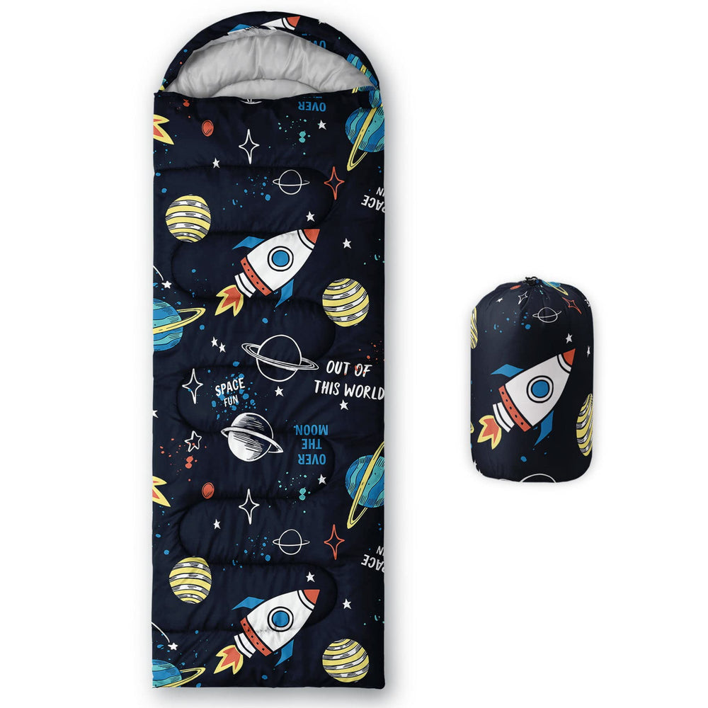 Datura Home kids sleeping bag with outer-space rocket print front for camping adventures.
