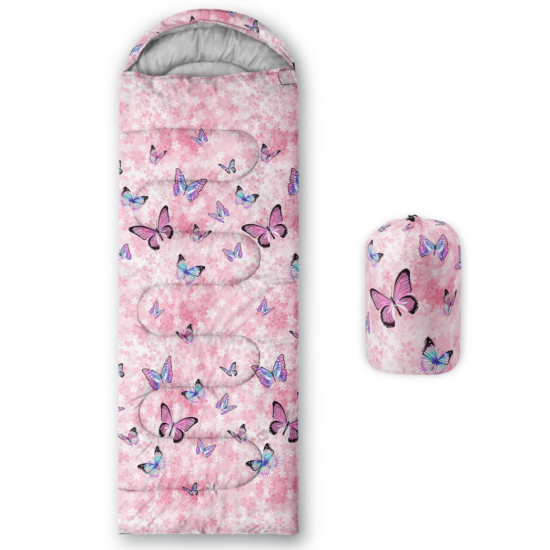 Datura Home kids sleeping bag Sakura hood closeup shows cozy warmth for chilly nights.