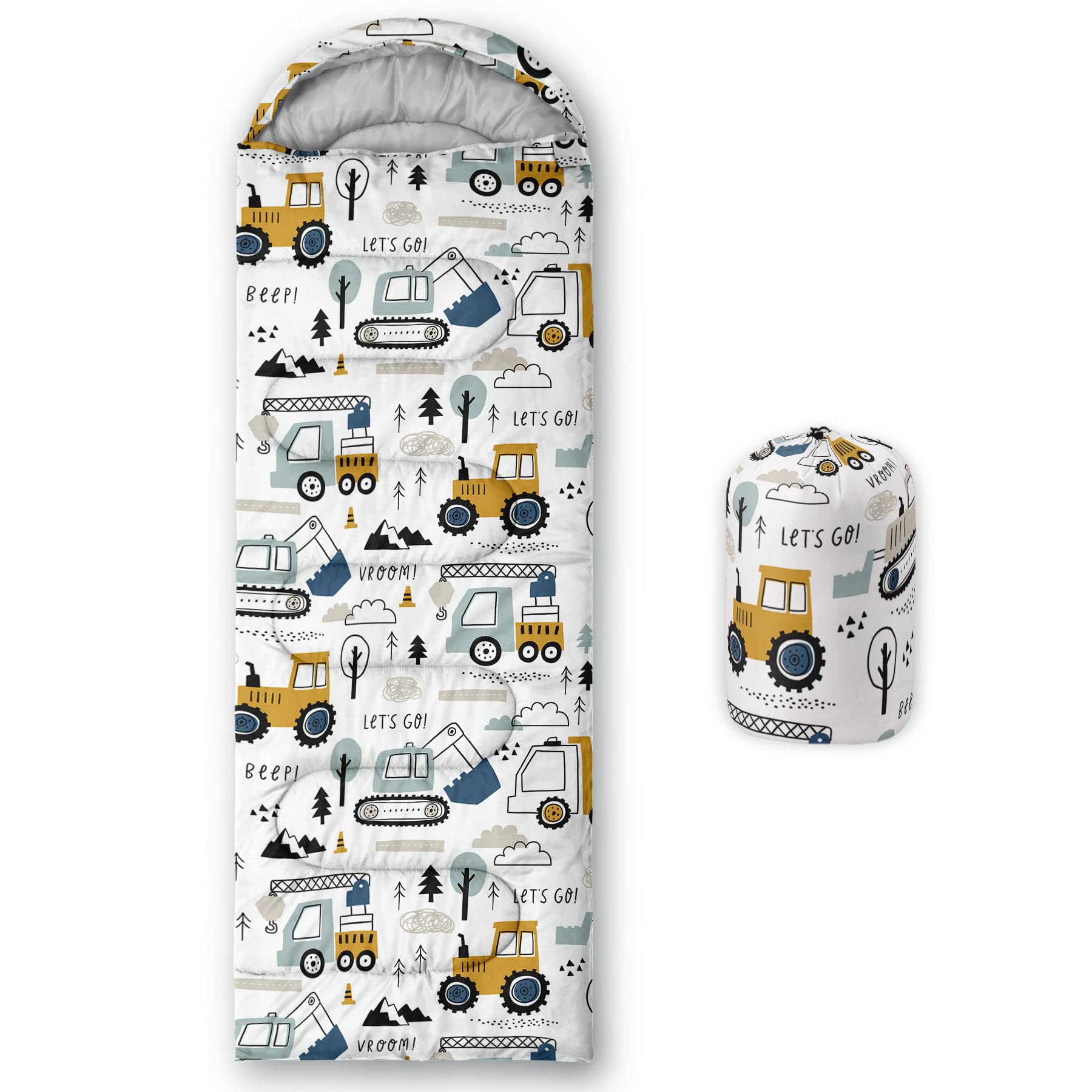 Datura home kids sleeping bag truck print, ideal for family camping adventures.