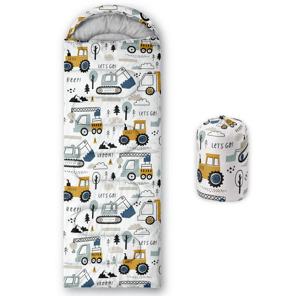 Datura home kids sleeping bag truck print, ideal for family camping adventures.